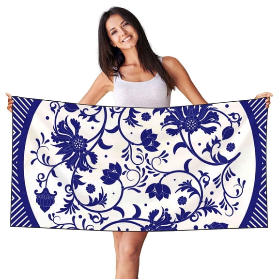 Picia Blue And White Porcelain Pattern Print Silver Fox Velvet Beach Towel,Quick-Dry Beach Towel,Lightweight Travel Towel,Portable Beach Towels