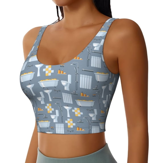 Picia Blue Bathroom Sports Bra for Women,Padded Strappy Sports Bras Medium Support Yoga Bra with Removable Cups,Running Yoga Bra-