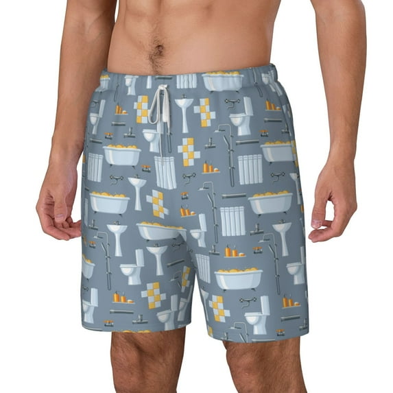 Picia Blue Bathroom pattern Mens Swim Trunks with Compression Liner Stretch Beach Shorts Quick Dry with Zipper Pockets No-Chafing Board Shorts-Small