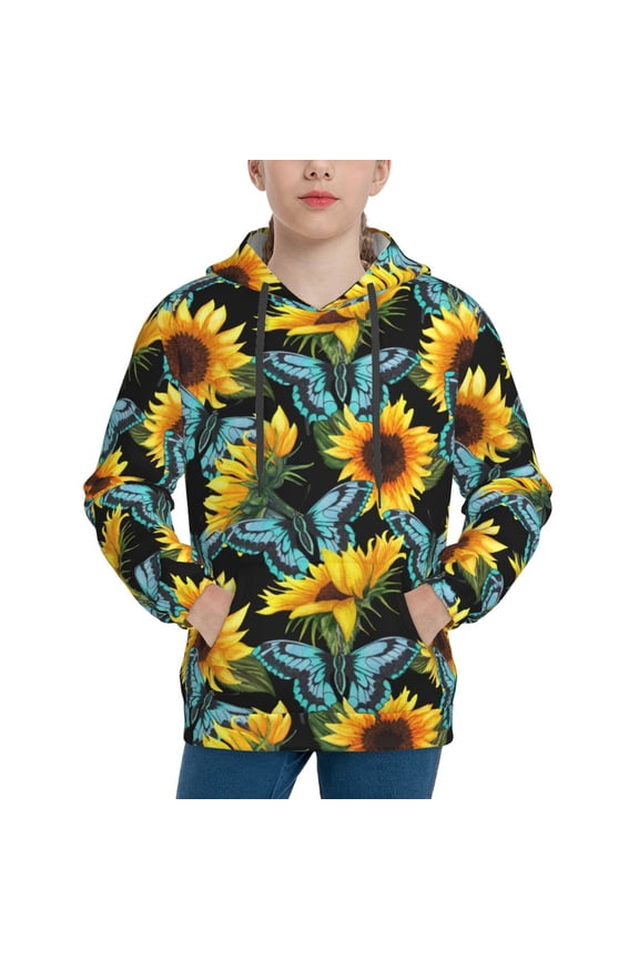 Blue Batterflies Sunflower Pattern Youth Hoodie - Warm Pullover Sweatshirt with Kangaroo Pocket, Ideal for Boys and Girls-Small