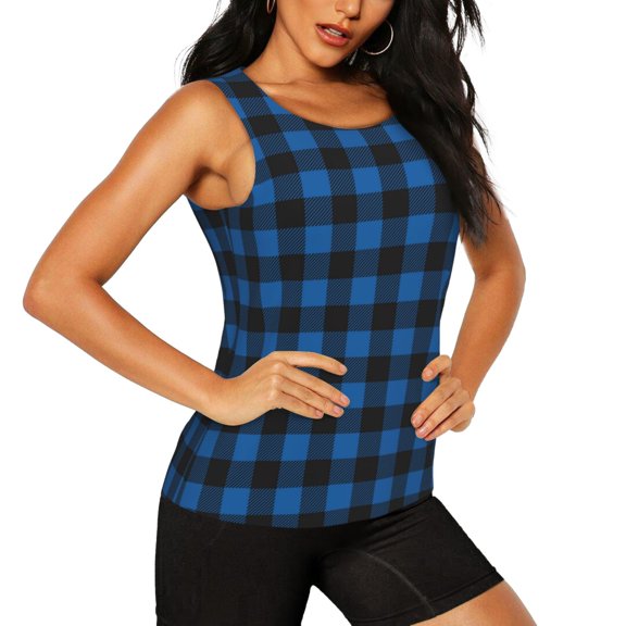 Picia Blue Black Plaid Pattern Women's Workout Tank Top,Breathable Activewear,Slim Fit Athletic Top,Versatile Workout Moisture-wicking top-Small