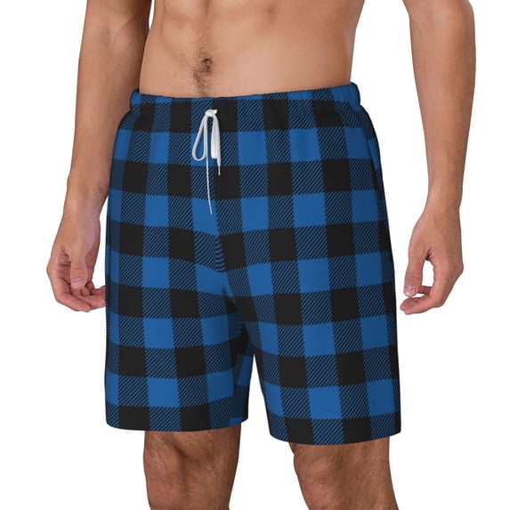 Picia Blue Black Plaid pattern Mens Swim Trunks with Compression Liner Stretch Beach Shorts Quick Dry with Zipper Pockets No-Chafing Board Shorts-3X-Large