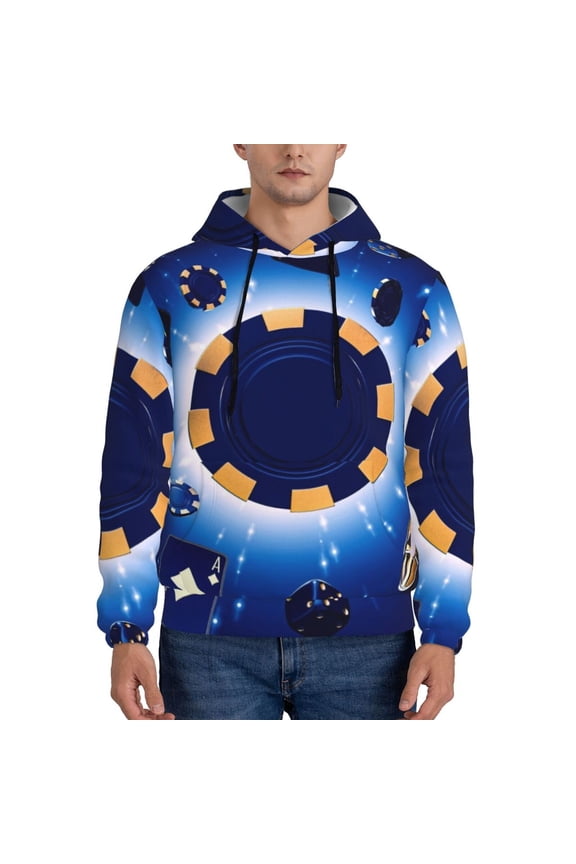 Blue Casino Pattern Casual Men's Hoodie - Lightweight Hooded Sweatshirt with Kangaroo Pocket, Comfortable Pullover for Everyday, Travel-Large