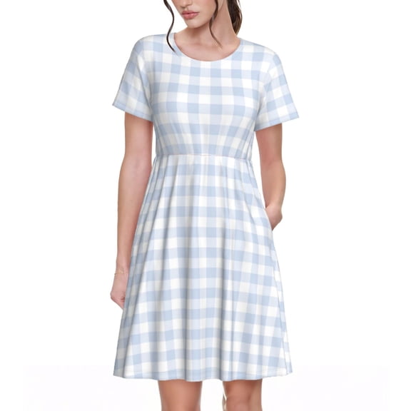 Picia Blue Checkboard Pattern Women's Short Sleeve Summer Dress Pleated Loose Swing Knee Length Short Sleeve Swing Dresses