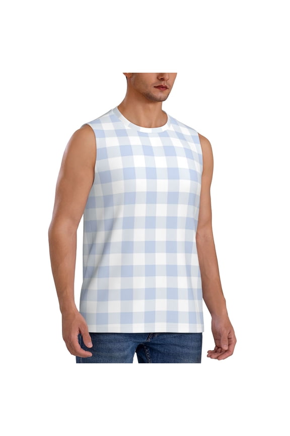 Blue Checkboard mens Cotton Tank Undershirts , Moisture-wicking Ribbed Tanks, Lightweight Cotton Tank Undershirts-Small