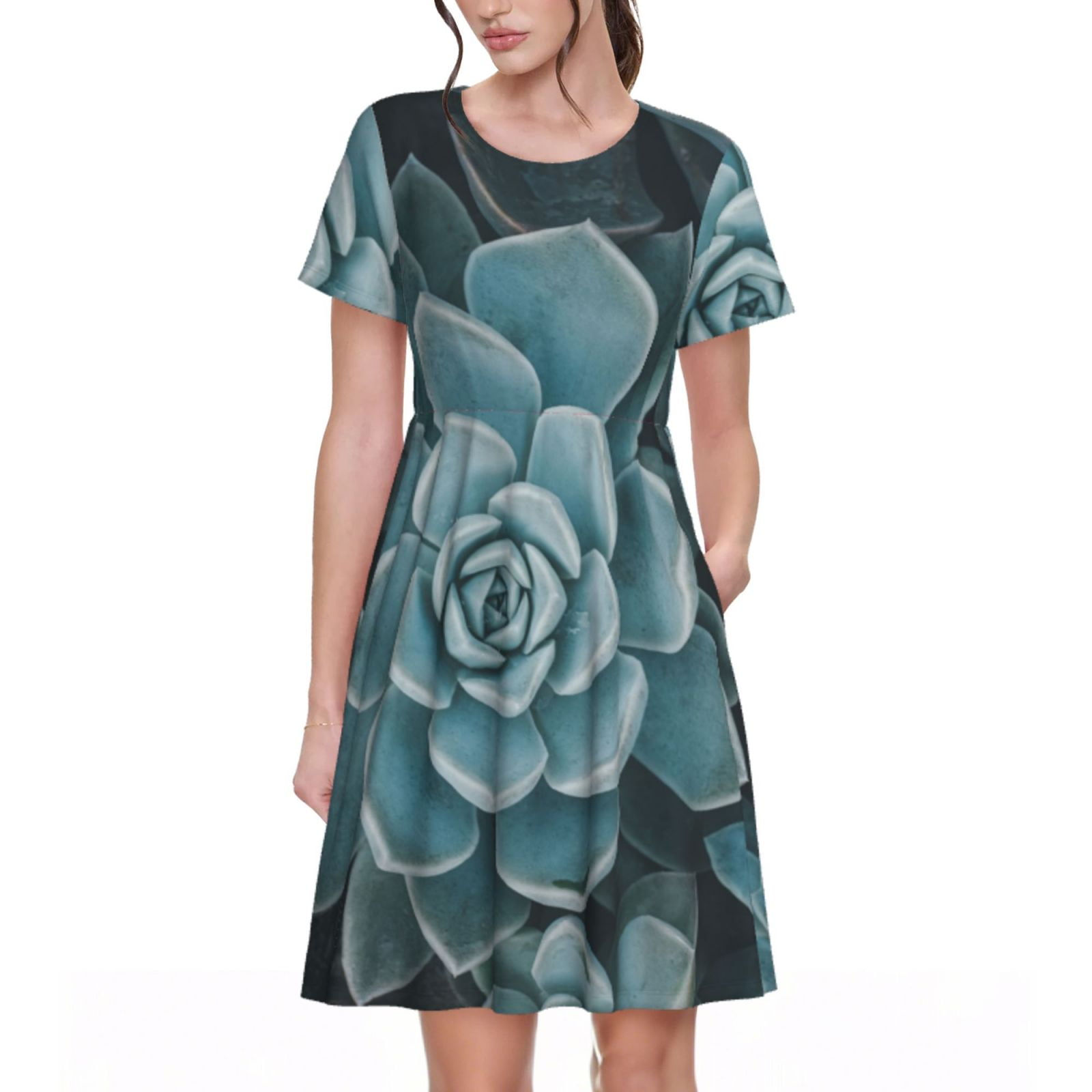 Picia Blue Color Cactus Pattern Women's Short Sleeve Summer Dress ...
