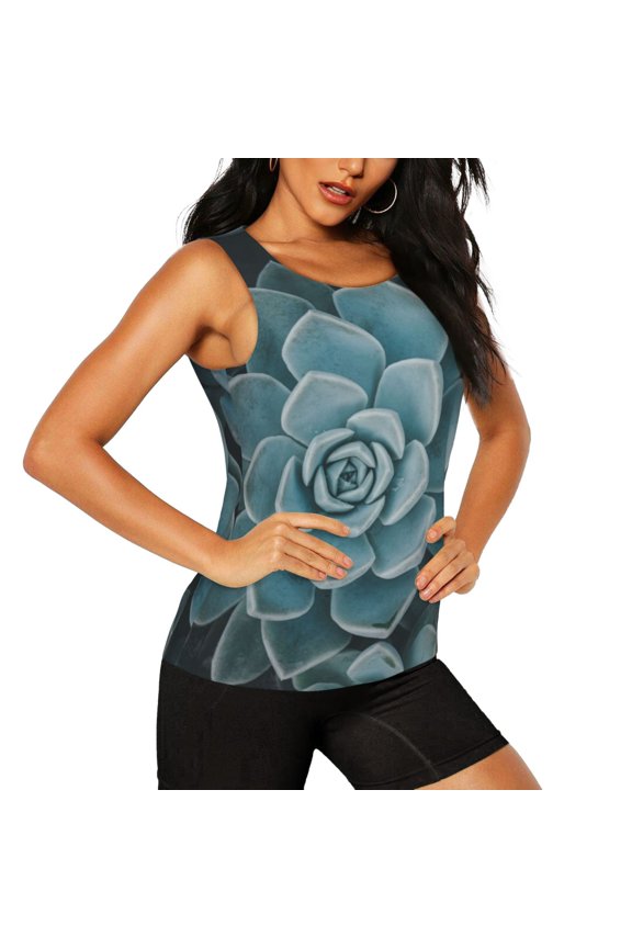 Blue Color Cactus Pattern Women's Workout Tank Top,Breathable Activewear,Slim Fit Athletic Top,Versatile Workout Moisture-wicking top-Medium
