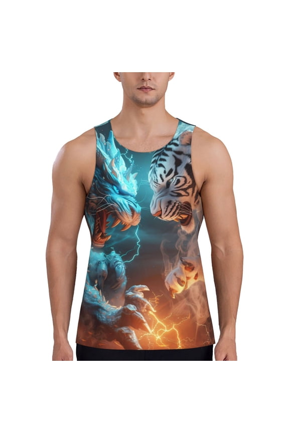 Blue Dragon And White Tiger Printed Men’s Performance Tank, Men's Workout Tank Top Moisture-Wicking Tank Top Muscle tee, Breathable Workout Shirt-3X-Large