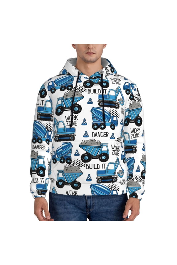 Blue Excavator Pattern Casual Men's Hoodie - Lightweight Hooded Sweatshirt with Kangaroo Pocket, Comfortable Pullover for Everyday, Travel-Small