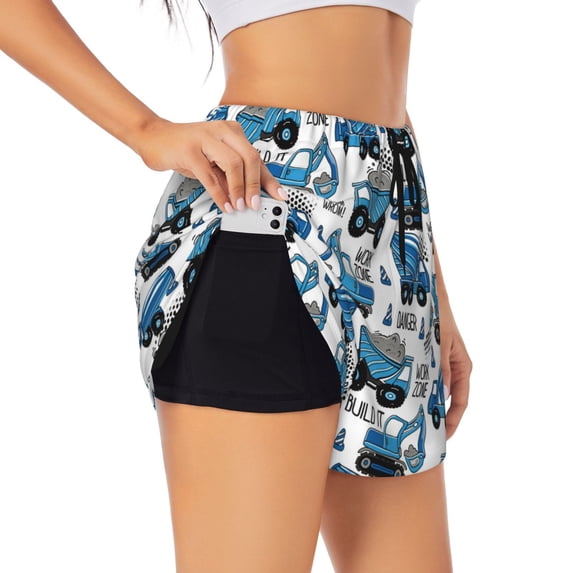 Picia Blue Excavator Pattern Women's 2 in 1 Athletic Running Shorts High Waisted Workout Casual Gym Sweat Shorts with Comfy Liner Zipper Pockets-Small