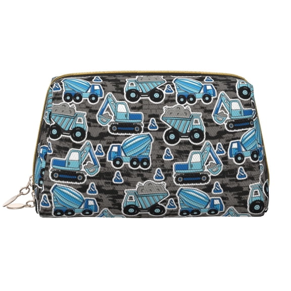 Picia Blue Excavator Print Leather Makeup Bag Make Up Bag Travel Toiletry Bag for Her Girlfriend Teacher Teen Girl Gifts