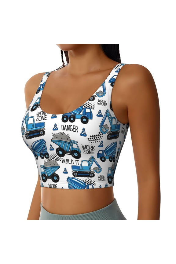 Blue Excavator Sports Bra for Women,Padded Strappy Sports Bras Medium Support Yoga Bra with Removable Cups,Running Yoga Bra-X-Large