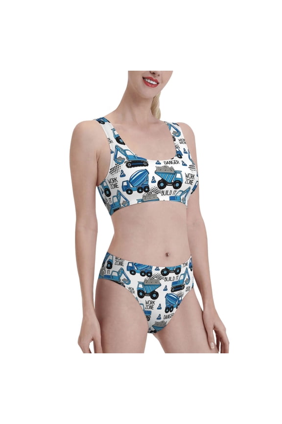 Blue Excavator Women's High Waisted Bikini Scoop Neck Swimsuit Two Pieces Bathing Suit-X-Large