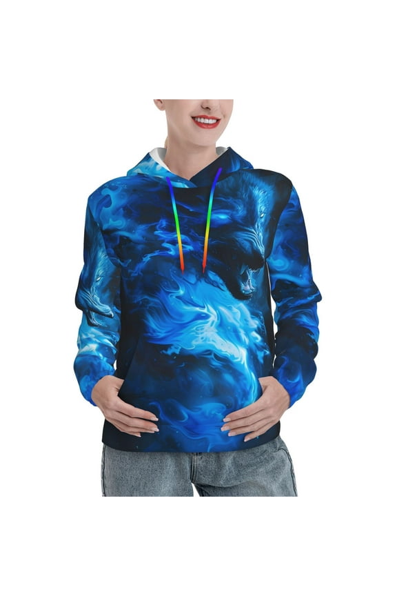 Blue Fire Cool Wolf Pattern Casual Women's Hoodie, Hooded Sweatshirt with Kangaroo Pocket, Comfortable Pullover with Eye-catching Drawstrings-Small