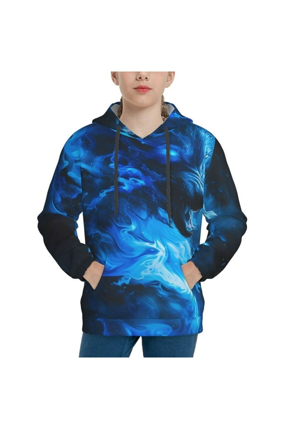 Blue Fire Cool Wolf Pattern Youth Hoodie - Warm Pullover Sweatshirt with Kangaroo Pocket, Ideal for Boys and Girls-Small