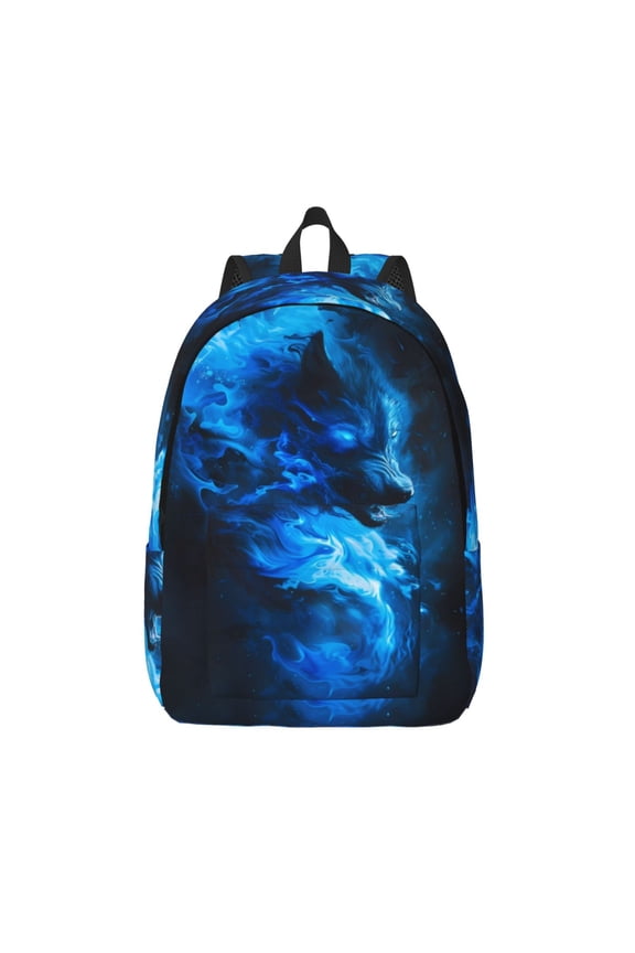 Blue Fire Cool Wolf Printed Canvas Daypack - Stylish and Durable Vintage Compact Backpack - Class, Work, Travel, or Laptop Bookbag,Organized Compartments-Small