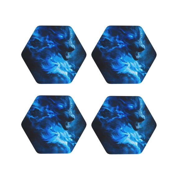 Picia Blue Fire Cool Wolf Printed Leather Coasters for Drinks, 4" Drink Coasters Set of 4 for Tabletop Protection, Handmade Luxurious Home Décor and Housewarming Gift -Hexagon