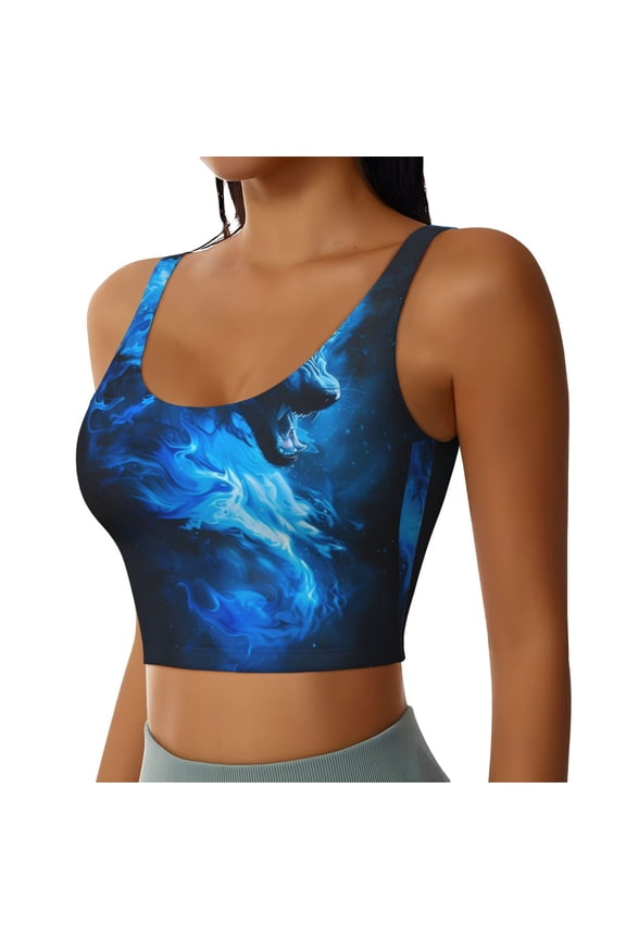 Blue Fire Cool Wolf Sports Bra for Women,Padded Strappy Sports Bras Medium Support Yoga Bra with Removable Cups,Running Yoga Bra-Small