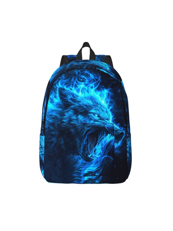 Blue Fire Wolf Printed Canvas Daypack - Stylish and Durable Vintage Compact Backpack - Class, Work, Travel, or Laptop Bookbag,Organized Compartments-Medium