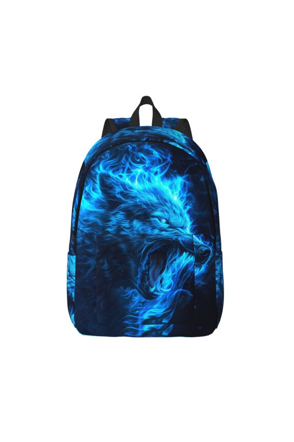 Blue Fire Wolf Printed Canvas Daypack - Stylish and Durable Vintage Compact Backpack - Class, Work, Travel, or Laptop Bookbag,Organized Compartments-Medium