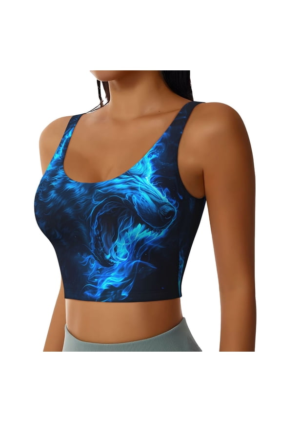 Blue Fire Wolf Sports Bra for Women,Padded Strappy Sports Bras Medium Support Yoga Bra with Removable Cups,Running Yoga Bra-Medium
