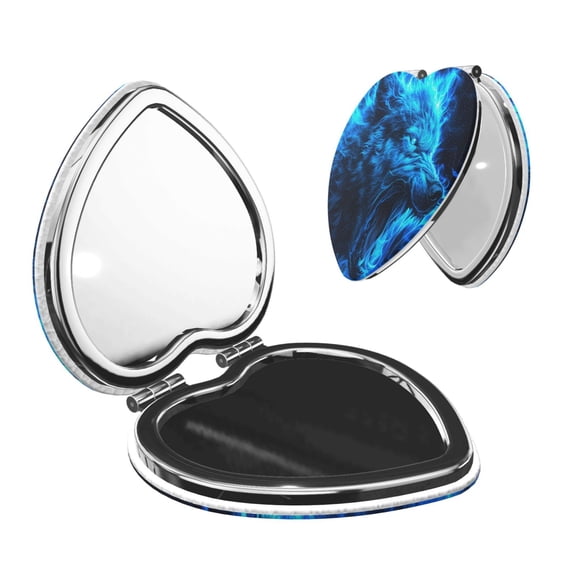 Picia Blue Fire Wolf for Compact Vanity Mirror , Travel Makeup Mirror , Portable Magnifying Cosmetic Mirror for Daily, Work, Business-Heart Shape
