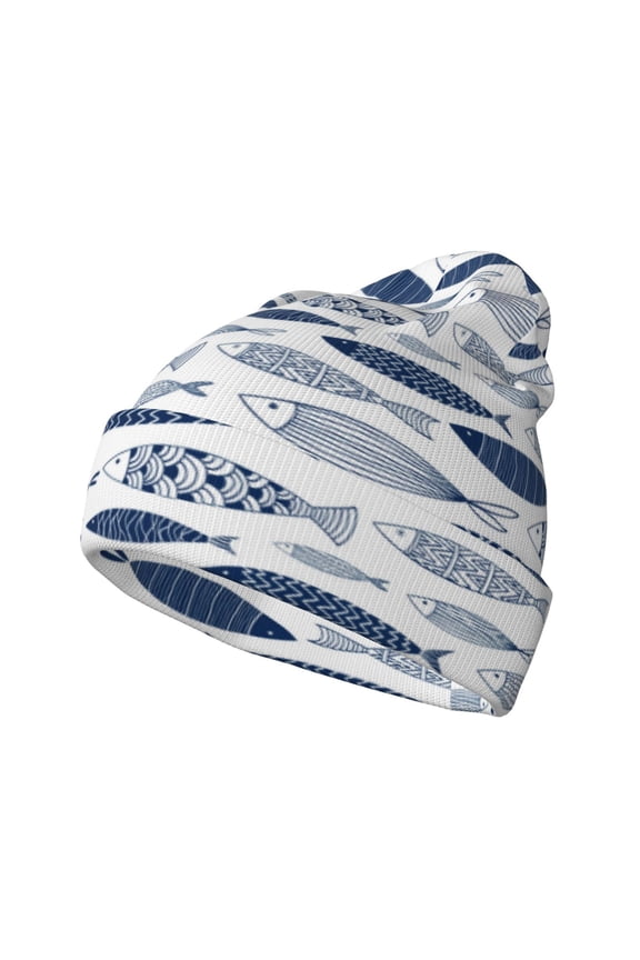 Blue Fish Pattern Knitted Beanie Hat for Men and Women , Unisex Winter Warm Stretchy Knit Cap Thick Fisherman Beanies Cuffed Plain Skull Caps