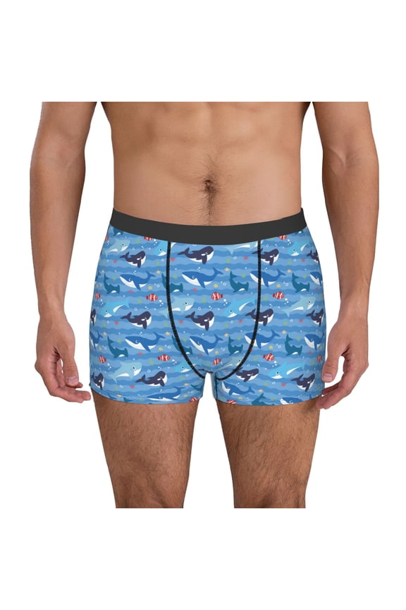 Blue Fish Pattern Men’s Boxer Briefs – Soft & Breathable Underwear, Stretchy & Comfortable Fit, Supportive Pouch Design, Moisture-Wicking-Medium