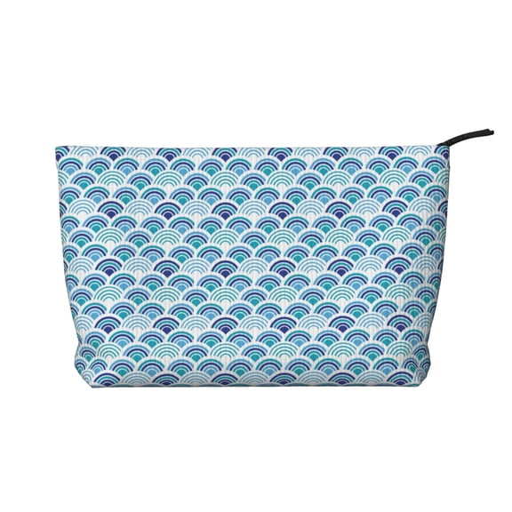 Picia Blue Fish Scale Texture Printed Cosmetic Bags for Women Makeup Bag Large Capacity Purse Travel Toiletry Zipper Storage Pouch Make up Brushes Organizer for Gifts