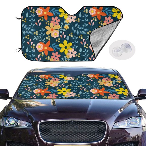 Picia Blue Floral Curved Windshield Sunshade Accordion Folding Style Auto Shade for Car Truck SUV Van Blocks UV Ray Sun Visor Protector -Small
