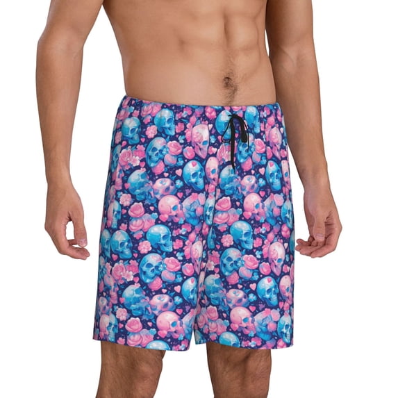 Picia Blue Flower Skull Pajama Shorts for Men, Men's Pajama Bottoms, Sleepwear,Short Pajama Pants-Large