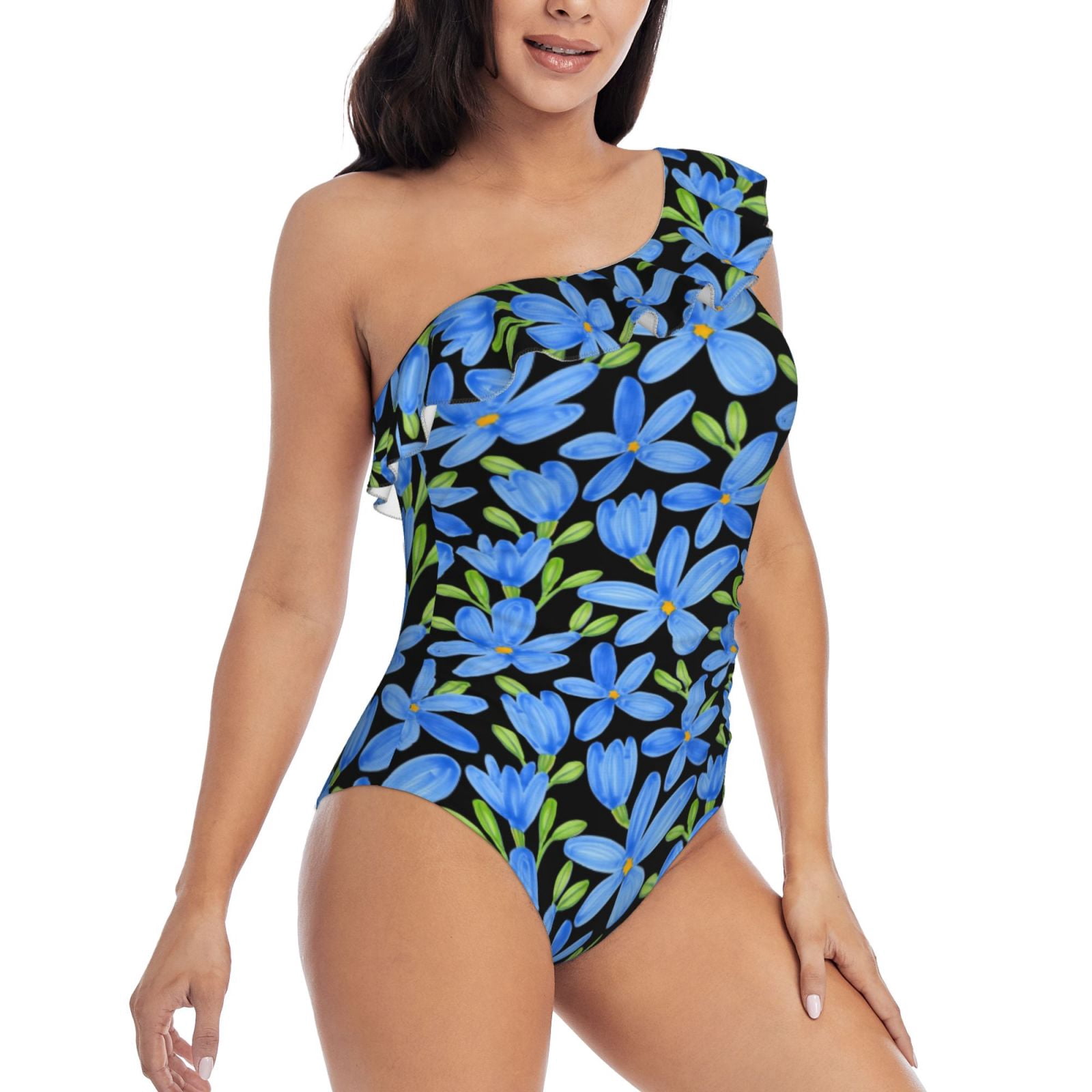 Picia Blue Flowers Pattern Women's One Piece Swimsuits,One Shoulder