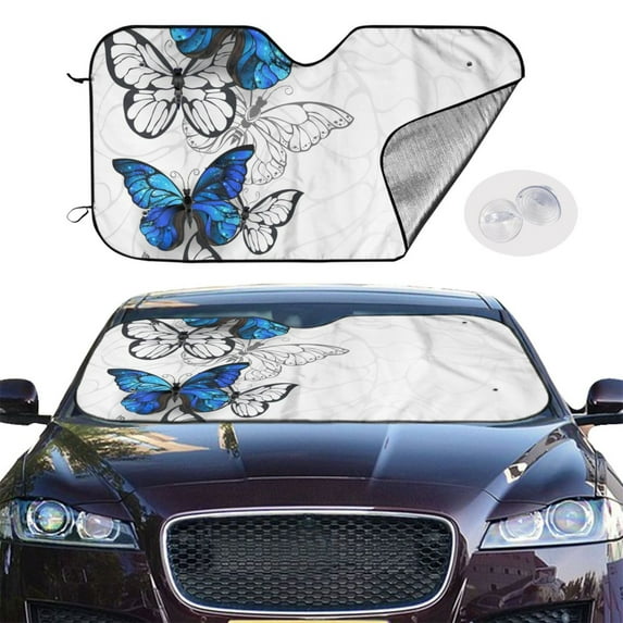 Picia Blue Flying Butterflies Curved Windshield Sunshade Accordion Folding Style Auto Shade for Car Truck SUV Van Blocks UV Ray Sun Visor Protector -Small