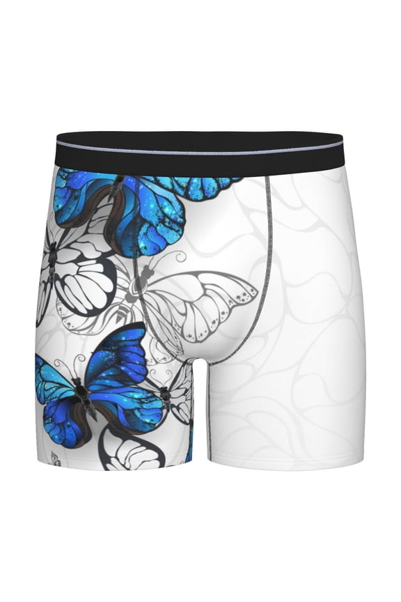 Blue Flying Butterflies Pattern Men's Athletic Long Leg Briefs , Performance Stretch Underwear,Moisture-Wicking