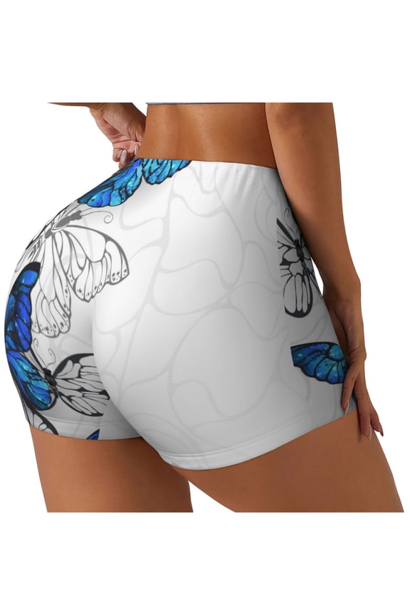 Blue Flying Butterflies Printed Workout Shorts for Women Seamless Scrunch Butt Lifting High Waisted Yoga Gym Booty Running Moisture-wicking Short Pants-Large