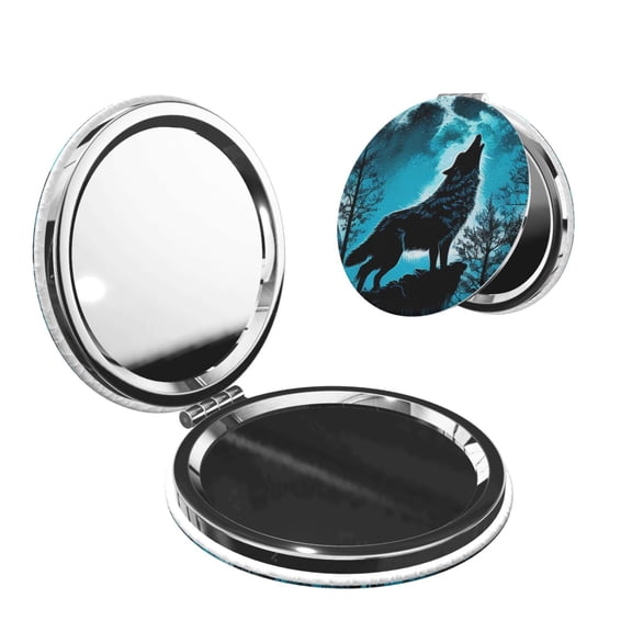 Picia Blue Full Moon Wolf for Compact Vanity Mirror , Travel Makeup Mirror , Portable Magnifying Cosmetic Mirror for Daily, Work, Business-Round Shape