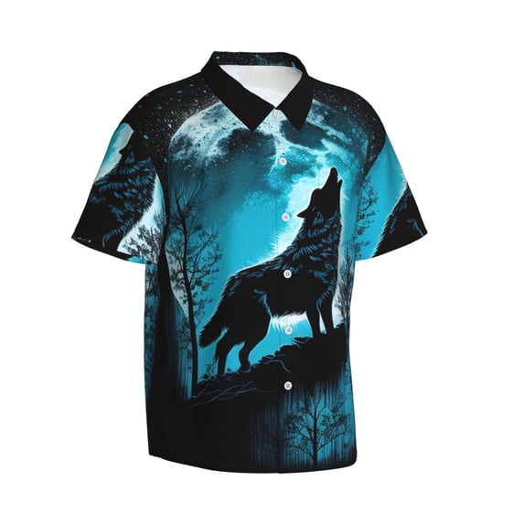 Picia Blue Full Moon Wolf Gentle Cotton Regular Fit Short Sleeve Casual Hawaiian Shirt for Men-XX-Large