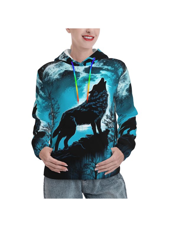 Blue Full Moon Wolf Pattern Casual Women's Hoodie, Hooded Sweatshirt with Kangaroo Pocket, Comfortable Pullover with Eye-catching Drawstrings-Medium