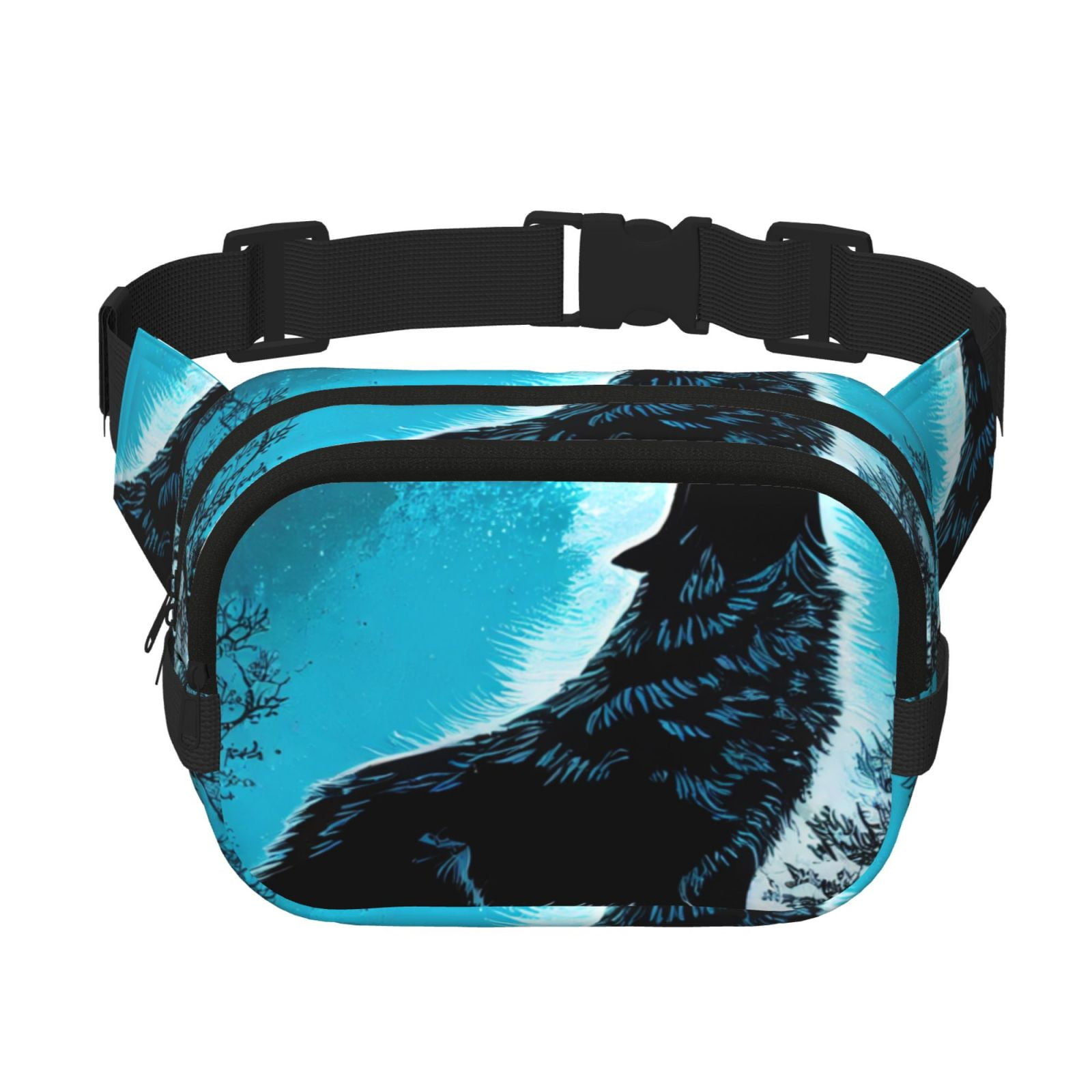 Picia Blue Full Moon Wolf Print Square Double-Layer Waist Bag Mini Adjustable Waist Belt Bag Exercise Running Travel Hiking