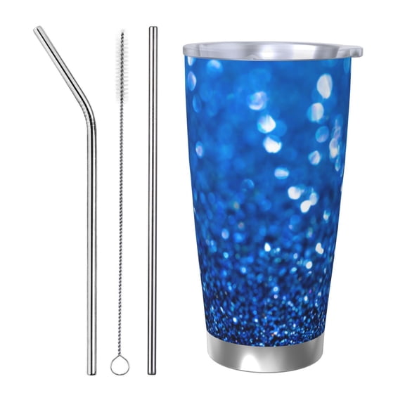 Picia A Blue Glitter Pattern 20 oz Tumbler Stainless Steel Vacuum Insulated Coffee Ice Cup Double Wall Travel Flask Dual Lid Water Bottle, Eco-friendly Car Cup-Straw Three-piece Set