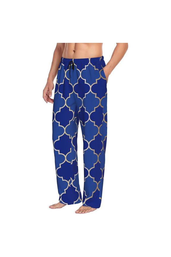 Blue Gold Grid Lantern Shapes Mens Soft Woven Cotton Elastic Waistband Sleep Pajama Pant Lounge Sleep Pant With Pockets And Drawstring-Medium