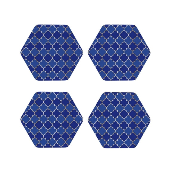 Picia Blue Gold Grid Lantern Shapes Printed Leather Coasters for Drinks, 4" Drink Coasters Set of 4 for Tabletop Protection, Handmade Luxurious Home Décor and Housewarming Gift -Hexagon