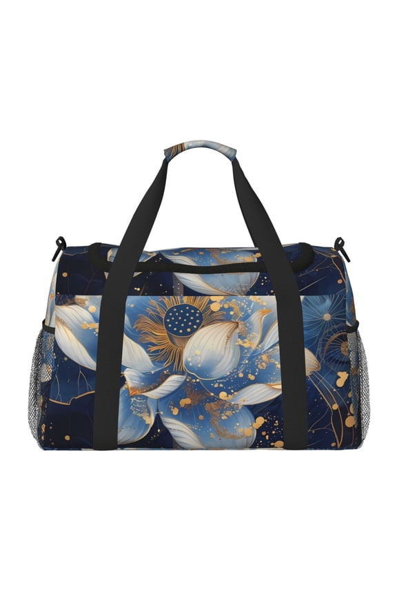 Blue Golden Dream Lotus Print Travel Duffle Bag,Weekender Bags for Women with Shoe Compartment, Gym Duffel Bag with Wet Pocket, Hospital Bags for Labor and Delivery