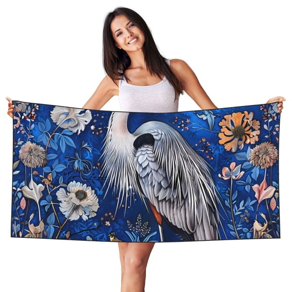 Picia Blue Heron Floral Garden Print Silver Fox Velvet Beach Towel,Quick-Dry Beach Towel,Lightweight Travel Towel,Portable Beach Towels