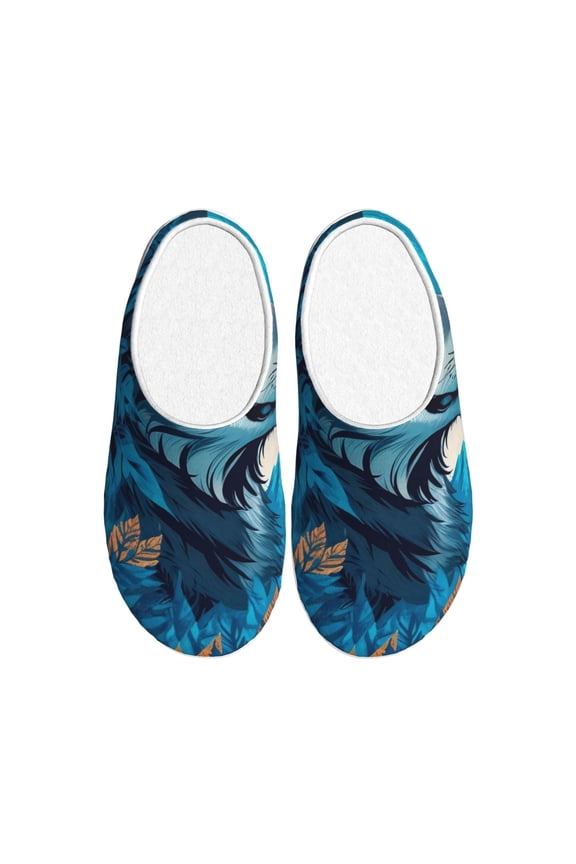 Blue Iceberg Leaf Wolf for Women's Lamb-hug Comfy Fleece House Slippers Memory Foam, Slip-on House Shoes Indoor Outdoor-44/45