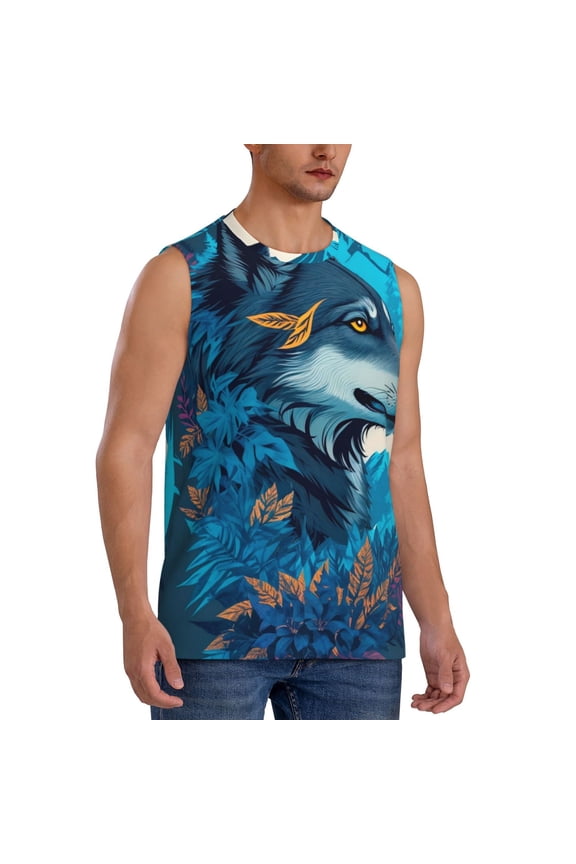 Blue Iceberg Leaf Wolf mens Cotton Tank Undershirts , Moisture-wicking Ribbed Tanks, Lightweight Cotton Tank Undershirts-Medium
