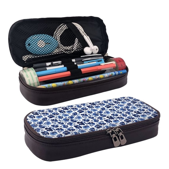 Picia Blue Ink Flowers Pattern Large Capacity PU Leather Pencil Case Organizer Pen Marker Holder Double Zipper Storage Bag Big Pencil Pouch for College Office