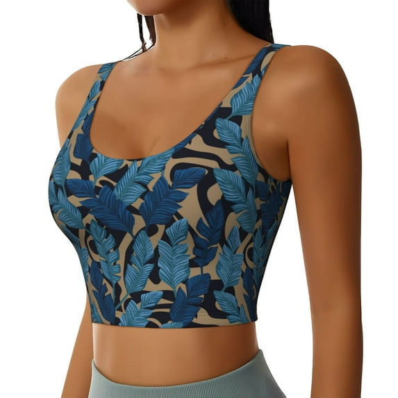 Picia Blue Leaves A Sports Bra for Women,Padded Strappy Sports Bras Medium Support Yoga Bra with Removable Cups,Running Yoga Bra-X-Large