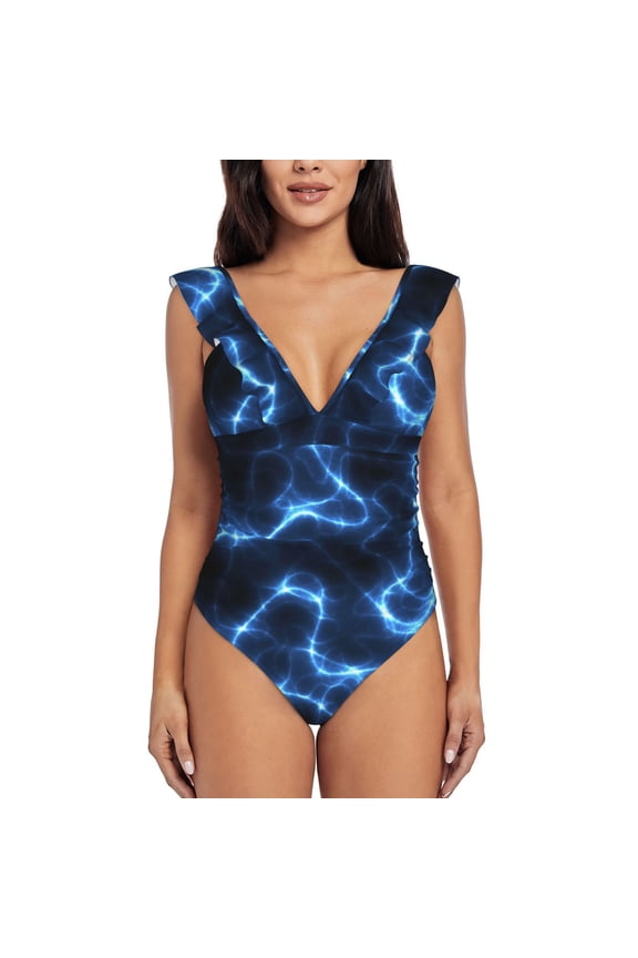 Blue Lightning Blooming Jelly Womens Tummy Control Bathing Suits Slimming Ruffle Swimsuit One Piece Lace Swimwear-