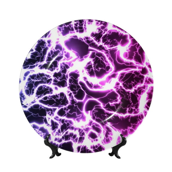 Picia Blue Lightning Pattern Bone China Decorative Plate – Wall Decor with Stand and Adhesive, Elegant Ornament for Living Room, Office, or Entryway-7in